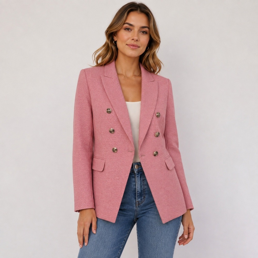 White House Black Market Pink Herringbone Double-Breasted Blazer Size 10 Barbie